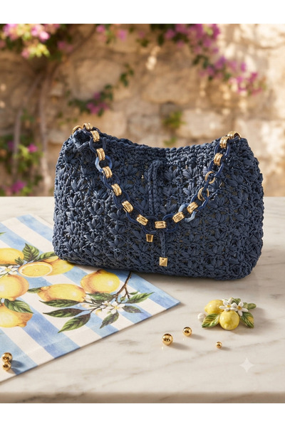 Generic Brand İlmok İlmok Touching Nature's Luxury: Blue Raffia Bag