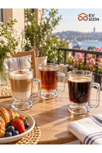 Ev Sizin Üçlü Ayaklı 220 Ml Cam Kupa Bardak Seti Şeffaf Kahve Ve Çay Sunumu
