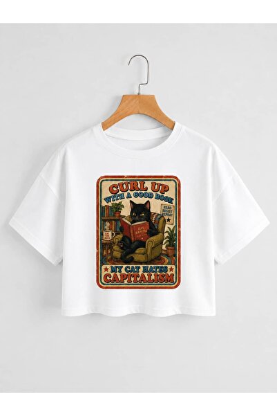 My Cat Hates Capitalism Oversize Crop Tişört