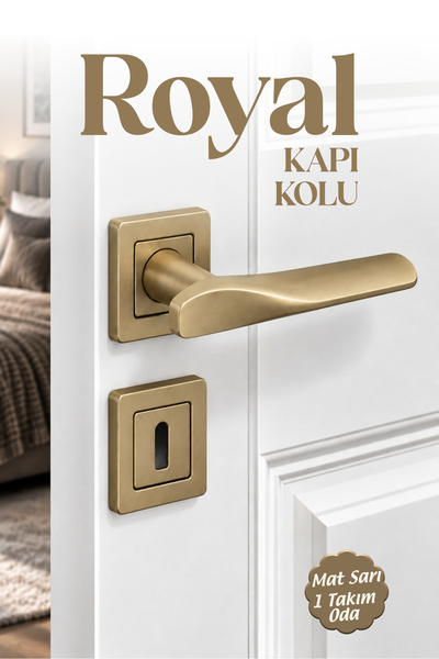 Badem10 ALM Royal (1 Takım) Mat Sarı Renk Rozetli Oda Tipi Kapı Kolu Şık Meta...