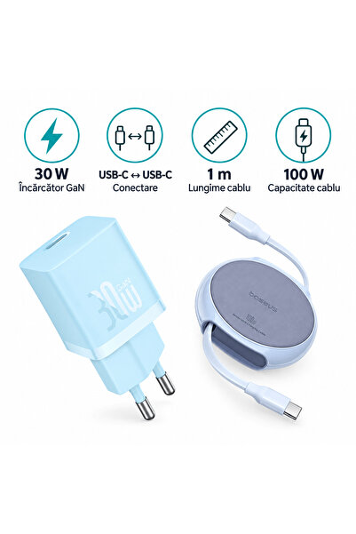 Baseus Kit, 30W GaN Charger + USB-C to USB-C 100W Cable, 1m, baby blue