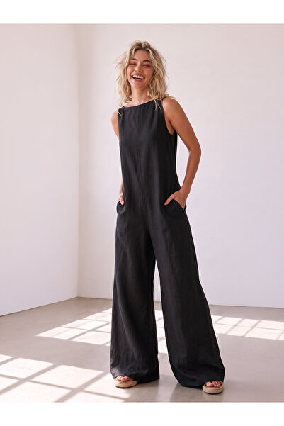 Catz Clothes Kadın %100 Pamuk Tulum Max Siyah Keten Bol Paça Tulum