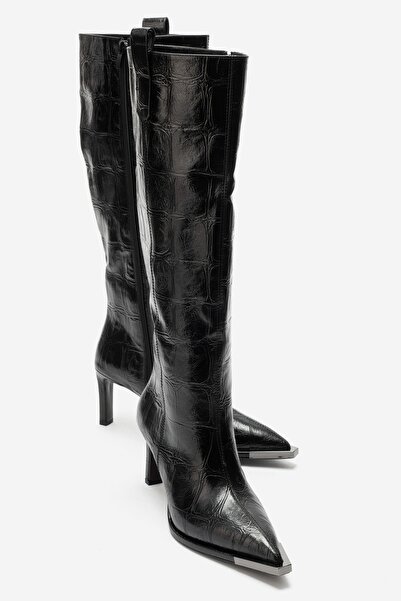 LuviShoes LUDMILA Siyah Baskı Kadın İnce Topuklu Çizme