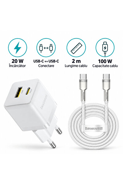 Baseus Kit Baseus, Încărcător 20W + Cablu USB-C la USB-C 100W, 2m, alb