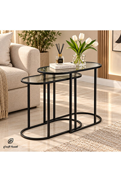 Lamsat Abda طقم طاولة حديدية سوداء مع سطح زجاجي شفاف