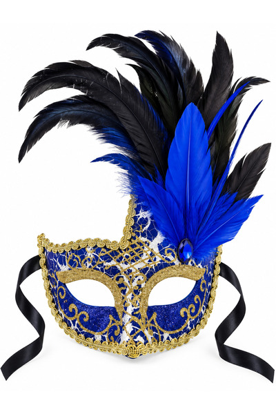 PARTİPORT Blue Gold Feathered Venetian Mask Black Feather Detailed Stoned Par...
