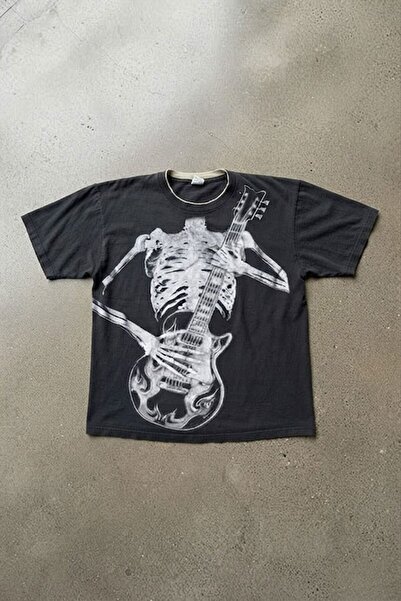 Köstebek Tricou Unisex Negru cu Schelet și Chitară, Stil Gotic Y2K