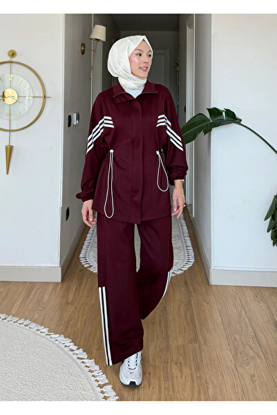 Kadın Bordo Şeritli Beli Lastikli Spor Takım