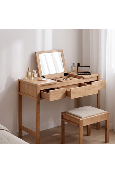 Setoso Atelier Sigrid İskandinav Doğal Meşe Masif Katlanır Aynalı Makyaj Masası ve Puf Seti