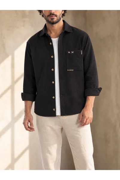 FıttingRoom Oversize Cotton Cashmere Bohemian Black Shirt