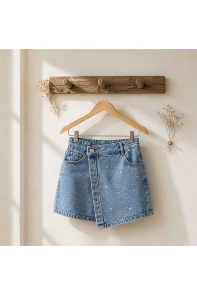 Pink Heart Denim Skort | Pembe Kalp Detaylı Kız Çocuk Kot Şort Etek