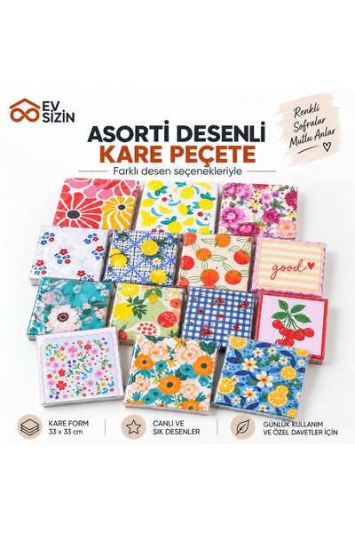 Ev Sizin Asorti Desenli Kare Kağıt Peçete 33 × 33 Cm Üç Katlı