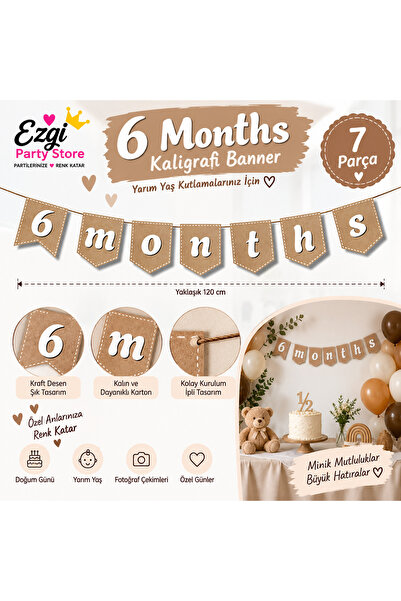 Ezgi Party Store 6 Months Yarım Yaş Banner 7 Parça Kraft 6 Ay Bebek Doğum Gün...