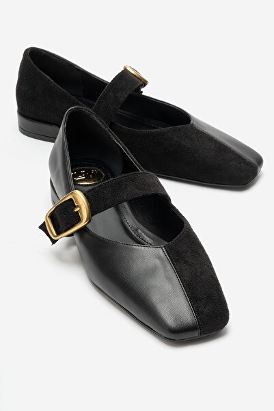 LuviShoes Curzon Black Leather Suede Women's Belted Ballerina Shoes