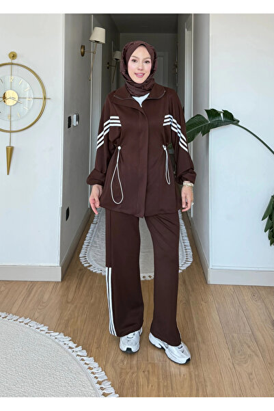 FOMLY Kadın Kahverengi Şeritli Beli Lastikli Spor Takım