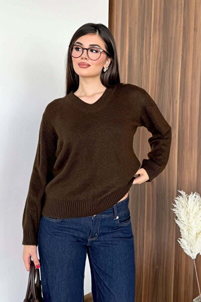 GİYSA Women's V-Neck Casual Knitwear Brown - 27K 2571