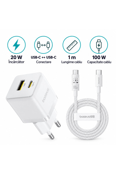 Baseus Kit Baseus, Încărcător 20W + Cablu USB-C la USB-C 100W, 1m, alb