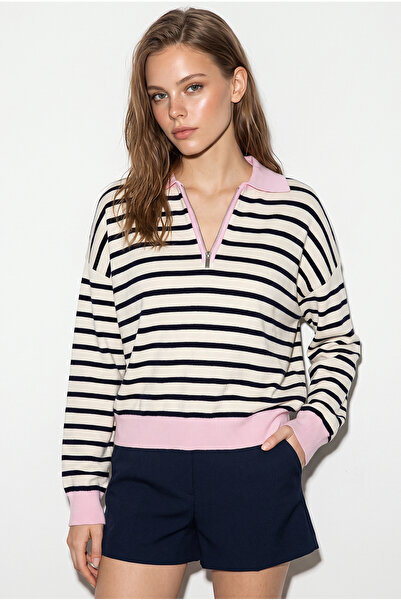 Bianco Lucci Kadın Polo Yaka Fermuarlı Çizgili Oversize Triko Kazak 2757 60286481