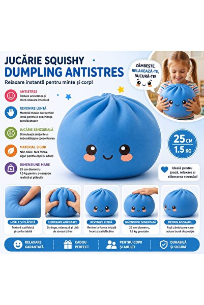 Leski Jucărie Squishy Antistres Gălușcă, Leski, Model Fată Zâmbitoare, Jucărie Senzorială cu Revenire Lentă, Relaxare și Ameliorarea Anxietății, 25 cm, 1.5 kg, Albastru
