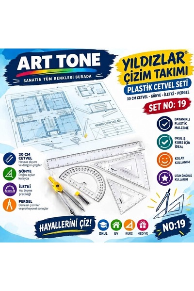 Art Tone Yıldızlar Çizim Takımı Seti No:19 | 30 cm Cetvel, Gönye, İletki ve Pergel | 12 Parça Okul Çizim Ofis