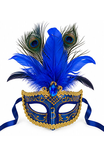 PARTİPORT Blue Gold Feathered Venetian Mask Peacock Feathered Stoned Party Co...