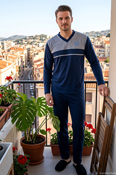 REMSA Men's Long Sleeve Combed Cotton Pajama Set 3000 Navy Blue-Grey