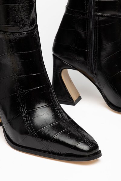 Hayalimdeki Ayakkabı Gisella Women's Black Crocodile Skin Special Design Heeled Boots