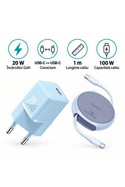 Baseus Kit, GaN Charger 20W + USB-C to USB-C Cable 100W, 1m, baby blue