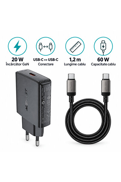 Acefast Σετ, Φορτιστής GaN 20W + Καλώδιο USB-C σε USB-C 60W, 1.2μ, μαύρο