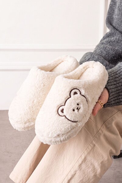 FUGA MODA Kogi White Teddy Bear Detailed Plush Women's Winter House Slippers