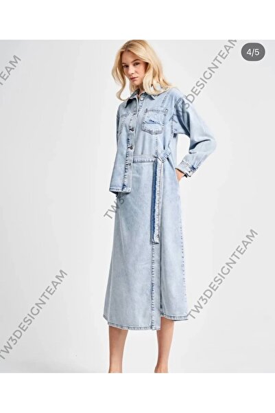 Tw3 Kadın Denim Kumaş Kemerli Elbise