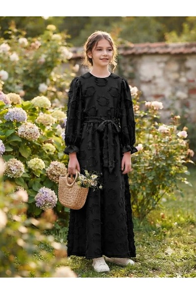 ASALEA Girl's Long Sleeve Belted Floral Patterned Stylish Dress (Beard Color:...