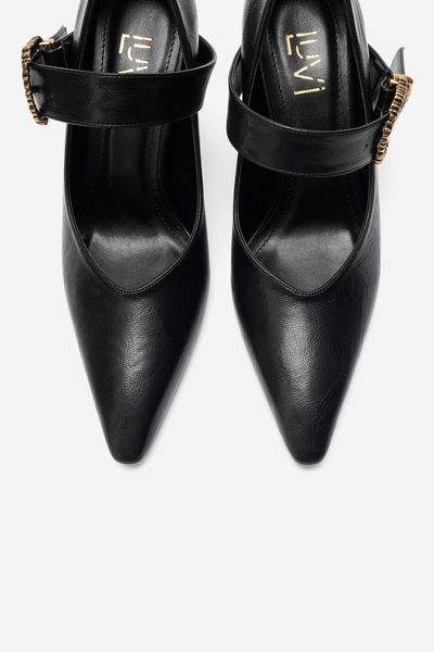 LuviShoes Lyons Black Leather Buckle Women's Wedge Heeled Shoes