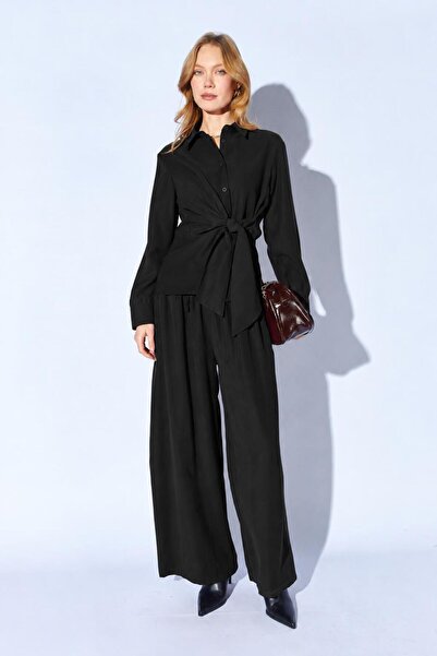 TENA Women's Black Tie-Up Shirt and Wide-Leg Pants Set