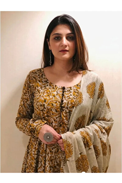 MYSMAR Yellow & White Printed Viscose Anarkali Suit Set - ALV2265 | Yellow & ...