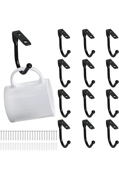 KASTWAVE 12 Pcs Black Metal Cup Hooks, Heavy Duty Under Cabinet Mug Holder Ra...