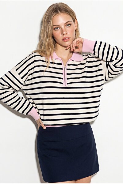 Bianco Lucci Kadın Polo Yaka Fermuarlı Çizgili Oversize Triko Kazak 2757 60286481