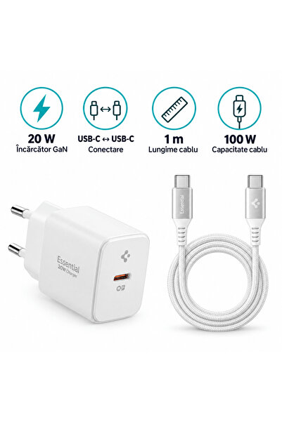 Spigen Kit Spigen, Încărcător GaN 20W + Cablu USB-C la USB-C 100W, 1m, alb