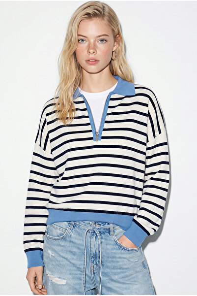 Bianco Lucci Kadın Polo Yaka Fermuarlı Çizgili Oversize Triko Kazak 2757 60286481