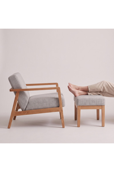 Setoso Atelier Sven İskandinav Masif Ahşap Gri Keten Berjer Puf Takımı