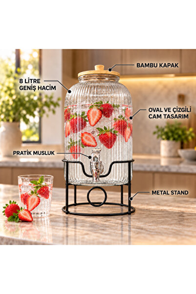 Genel Markalar 8 Litre Musluklu Cam Sebil – Bambu Kapaklı, Oval Çizgili ve Me...
