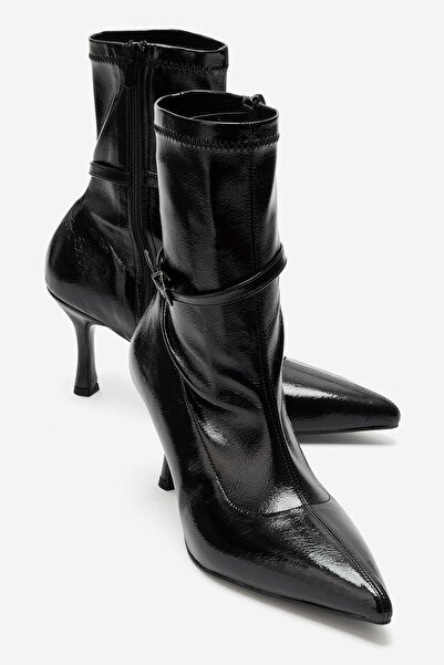 LuviShoes ANDORA Siyah Kırışık Rugan Kadın Topuklu Bot