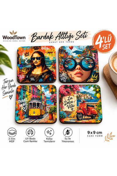 kids town Woodtown Set of 4 Pop Art Coasters – 9X9 cm 3 mm Mdf Uv Printed Col...
