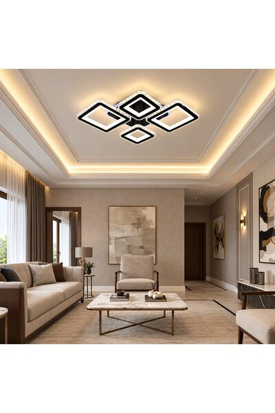 SELEXMO Lustra LED cu telecomanda si cristal QUADRIS RGB 96W, 4 Patrate, lumi...