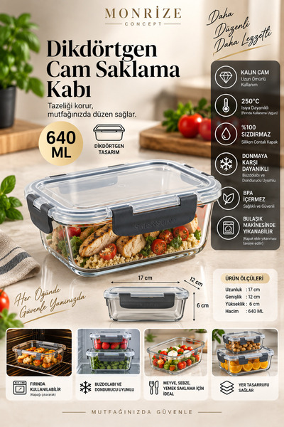 Monrize Concept 640 ML Dikdörtgen Cam Saklama Kabı Kilitli %100 Sızdırmaz Sil...