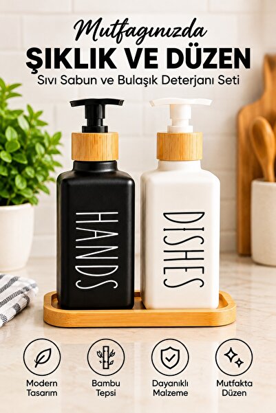 aldımgeldım 2'li Sıvı Sabunluk Seti Bambu Tepsili Mutfak Bulaşık Deterjanlık ...