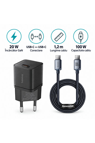 Baseus Kit Baseus, Încărcător GaN 20W + Cablu USB-C la USB-C 100W, 1,2m, negru