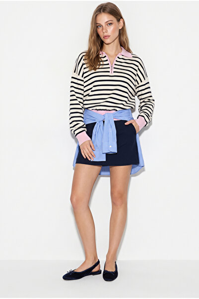 Bianco Lucci Kadın Polo Yaka Fermuarlı Çizgili Oversize Triko Kazak 2757 60286481