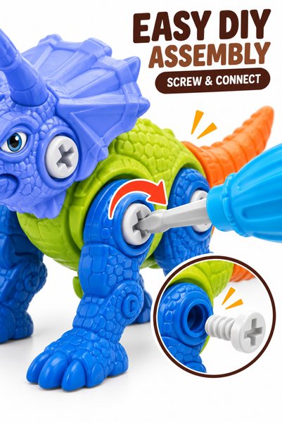 Toy Factory DIY Dinosaur Take-Apart & Assemble Toy for Kids – Screw-Together Dinosaur Building Set with Toy Screwdriver, Prehistoric Play Base & Portable Carry Case – Assorted Designs