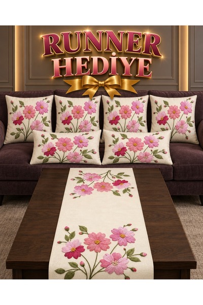 menesahome Bej Pembe Çiçekli Nakış Görünümlü Dijital Baskılı 6'lı Kırlent Kıl...